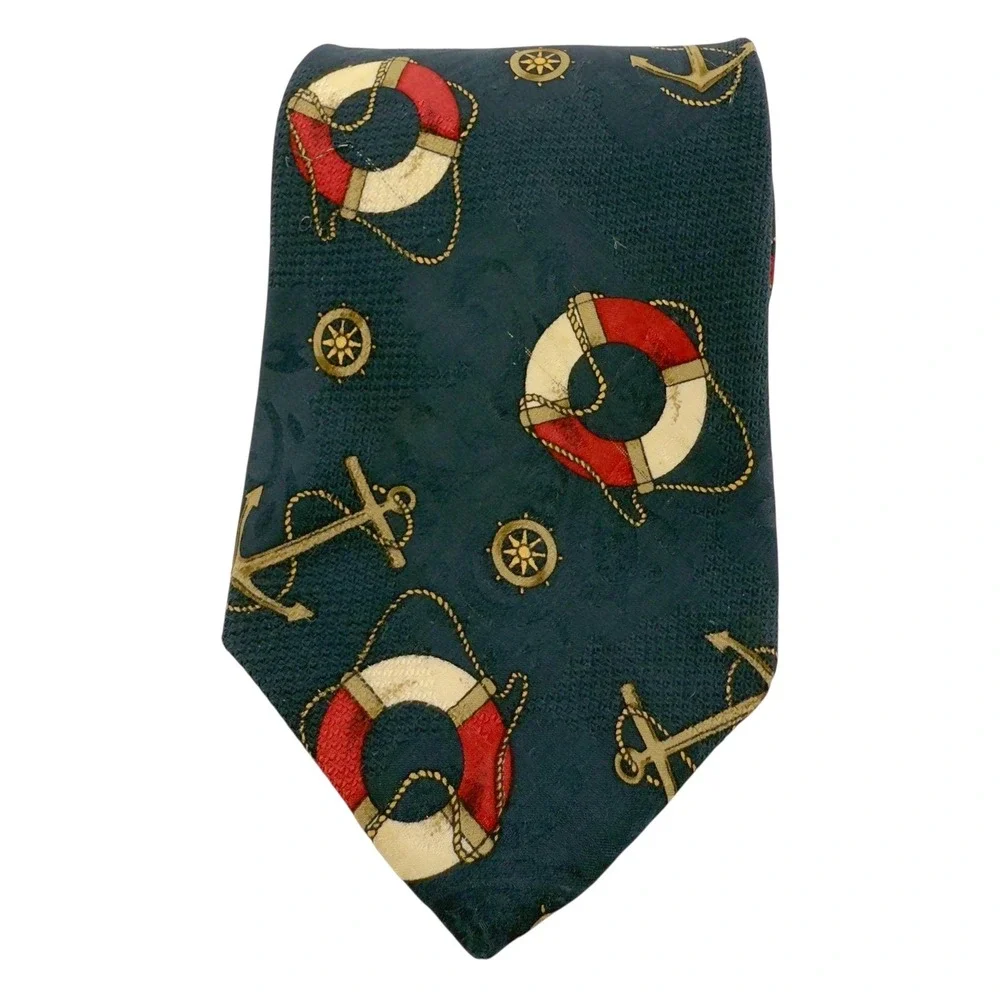 Vtg Stars Stripes Nautical Maritime Silk Tie Mens Anchor Life Ring Shipwheel USA